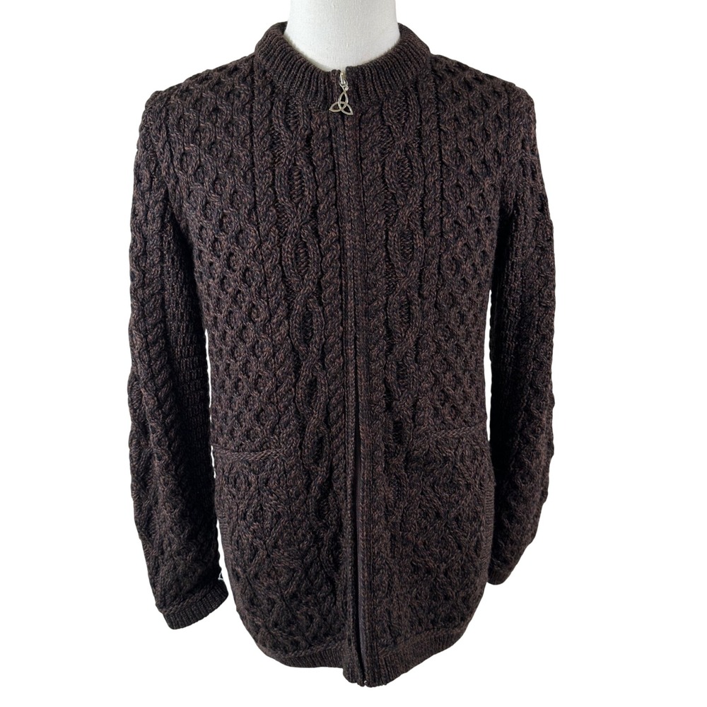 Aran Crafts Cardigan Mens L Brown Merino Wool Cable Knit Full Zip Sweater Irish